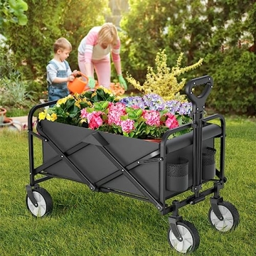Collapsible Wagon, Folding Wagon Garden Cart Heavy Duty with Side Pocket and Terrain Wheels, Large Capacity Foldable Grocery Beach Wagon for Garden Sports Camping Shopping (Carbon Black)