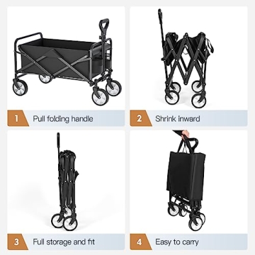 Collapsible Wagon, Folding Wagon Garden Cart Heavy Duty with Side Pocket and Terrain Wheels, Large Capacity Foldable Grocery Beach Wagon for Garden Sports Camping Shopping (Carbon Black)