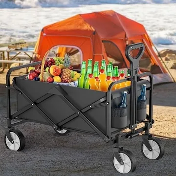 Collapsible Wagon, Folding Wagon Garden Cart Heavy Duty with Side Pocket and Terrain Wheels, Large Capacity Foldable Grocery Beach Wagon for Garden Sports Camping Shopping (Carbon Black)