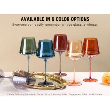 Colored Wine Glasses Set of 6-16oz Hand Blown Crystal Colorful Wine Glasses with Long Stem, Multicolor Wine Glass for Wine Lovers, Wedding, Thanksgiving Christmas Gifts for Women