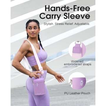 Coolflask Half Gallon Water Bottle Insulated with PU Leather Sleeve, 64 oz Water Bottle Color Contrast with Straw Lids, Stainless Steel Metal Large Water Jug, Keep Cold 48h Hot 24h,Lilac Purple