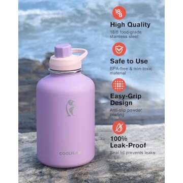 Coolflask Half Gallon Water Bottle Insulated with PU Leather Sleeve, 64 oz Water Bottle Color Contrast with Straw Lids, Stainless Steel Metal Large Water Jug, Keep Cold 48h Hot 24h,Lilac Purple