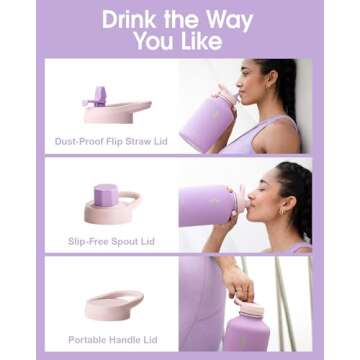 Coolflask Half Gallon Water Bottle Insulated with PU Leather Sleeve, 64 oz Water Bottle Color Contrast with Straw Lids, Stainless Steel Metal Large Water Jug, Keep Cold 48h Hot 24h,Lilac Purple