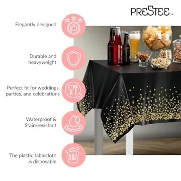 Prestee Gold and Black Table Cloth for Events - Pack of 4, 54 x 108 Inches - Disposable Table Cover, Ideal Black Tablecloths for Party Decorations, Dining, and Holiday Celebrations
