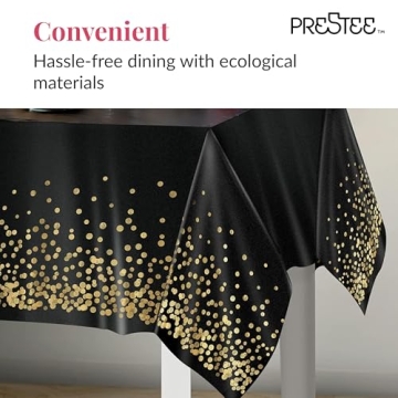 Prestee Gold and Black Table Cloth for Events - Pack of 4, 54 x 108 Inches - Disposable Table Cover, Ideal Black Tablecloths for Party Decorations, Dining, and Holiday Celebrations