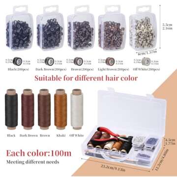 Fedmut Hair Extension Tools Kit, 5 Colors 1000Pcs Micro Silicone Rings Beads with Hair Extension Remove Pliers, Pulling Hook, Threads, Needle for Hair Extensions Hair Styling