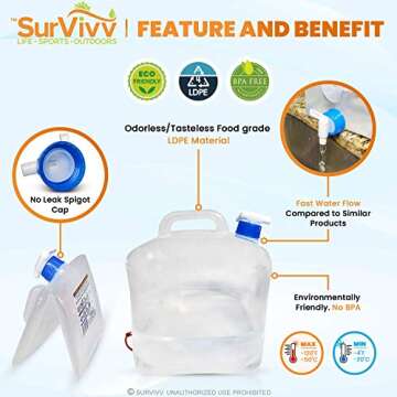 SurVivv Collapsible Water Container - BPA Free, Portable & Durable