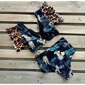 SPORLIKE Women Ruffle High Waist Swimsuit Two Pieces Push Up Tropical Print Bikini (Leopard/Black, Medium)