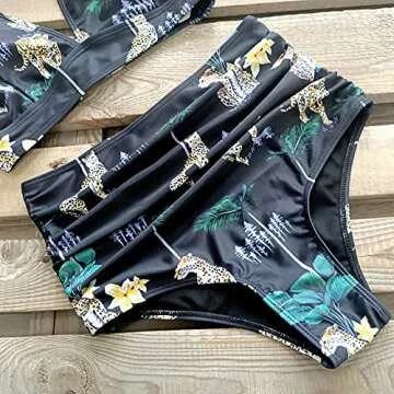 SPORLIKE Women Ruffle High Waist Swimsuit Two Pieces Push Up Tropical Print Bikini (Leopard/Black, Medium)