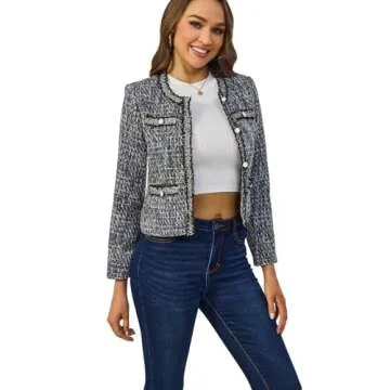 Xaspee Women's Tweed Blazers Cropped Long Sleeve Crewneck Open Front Lace Trim Lightweight Plaid Wor...