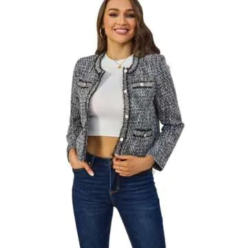 Xaspee Women's Tweed Blazers Cropped Long Sleeve Crewneck Open Front Lace Trim Lightweight Plaid Work Blazer Jackets (Black Grey White, M)