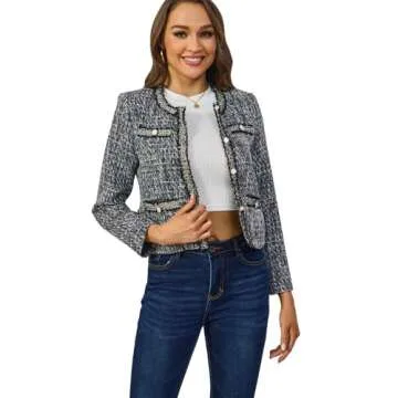 Xaspee Women's Tweed Blazers Cropped Long Sleeve Crewneck Open Front Lace Trim Lightweight Plaid Work Blazer Jackets (Black Grey White, M)