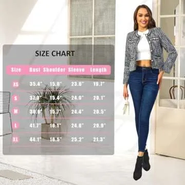 Xaspee Women's Tweed Blazers Cropped Long Sleeve Crewneck Open Front Lace Trim Lightweight Plaid Work Blazer Jackets (Black Grey White, M)