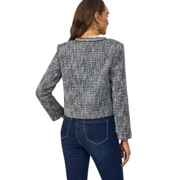 Xaspee Women's Tweed Blazers Cropped Long Sleeve Crewneck Open Front Lace Trim Lightweight Plaid Work Blazer Jackets (Black Grey White, M)