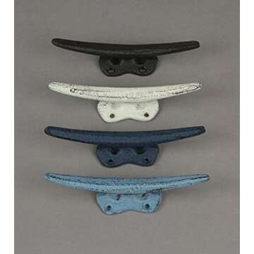 Zeckos Vibrant Set of 4 Colorful Cast Iron Nautical Boat Cleat Wall Hooks and Drawer Pulls for Coastal Home Decor Enhancement - 5.75 Inches Long - Set Sail with Style