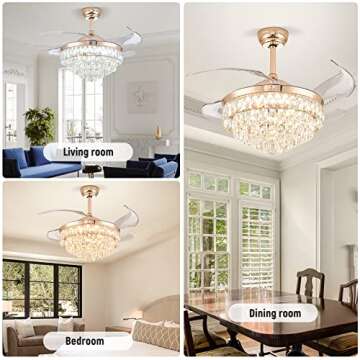 CLAIRDAI 42'' Dimmable Ceiling Fan with Light and Remote Crystal Modern Chandelier Fan Retractable Fandelier with Memory, Silent Motor, 6 Speed, 3 Color Change, Timer Function(Gold)