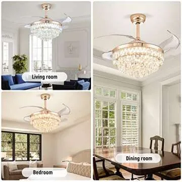 CLAIRDAI 42'' Dimmable Ceiling Fan with Light and Remote Crystal Modern Chandelier Fan Retractable Fandelier with Memory, Silent Motor, 6 Speed, 3 Color Change, Timer Function(Gold)