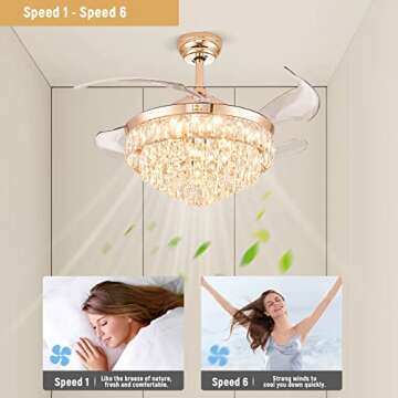 CLAIRDAI 42'' Dimmable Ceiling Fan with Light and Remote Crystal Modern Chandelier Fan Retractable Fandelier with Memory, Silent Motor, 6 Speed, 3 Color Change, Timer Function(Gold)