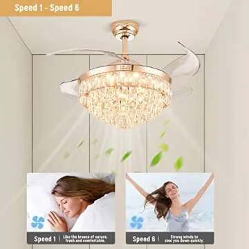 CLAIRDAI 42'' Dimmable Ceiling Fan with Light and Remote Crystal Modern Chandelier Fan Retractable Fandelier with Memory, Silent Motor, 6 Speed, 3 Color Change, Timer Function(Gold)