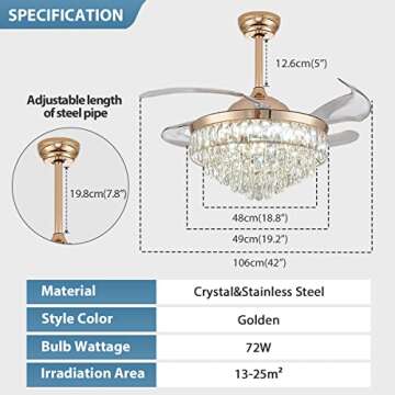 CLAIRDAI 42'' Dimmable Ceiling Fan with Light and Remote Crystal Modern Chandelier Fan Retractable Fandelier with Memory, Silent Motor, 6 Speed, 3 Color Change, Timer Function(Gold)