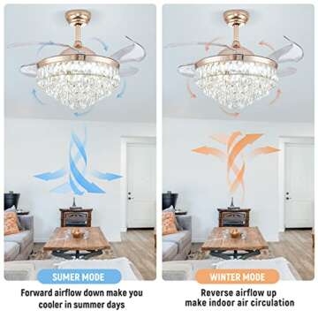 CLAIRDAI 42'' Dimmable Ceiling Fan with Light and Remote Crystal Modern Chandelier Fan Retractable Fandelier with Memory, Silent Motor, 6 Speed, 3 Color Change, Timer Function(Gold)