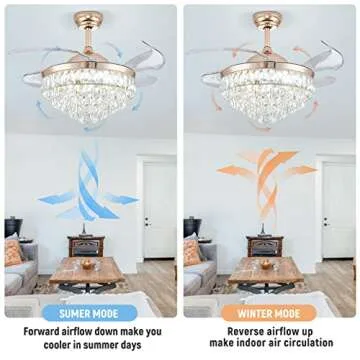 CLAIRDAI 42'' Dimmable Ceiling Fan with Light and Remote Crystal Modern Chandelier Fan Retractable Fandelier with Memory, Silent Motor, 6 Speed, 3 Color Change, Timer Function(Gold)