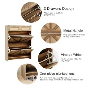 Shoe Storage Cabinet with 2 Flip Drawers & 2 Drawers,Shoe Cabinet Storage with Legs for Entryway,Freestanding Shoes Organizer Cabinet,Farmhouse Slim Shoe Cabinet,Rustic Oak Rattan