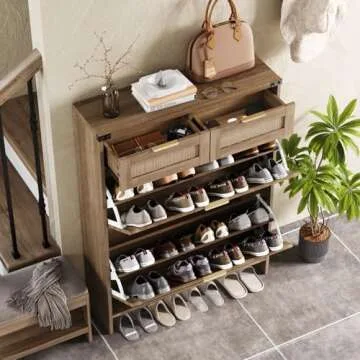 Shoe Storage Cabinet with 2 Flip Drawers & 2 Drawers,Shoe Cabinet Storage with Legs for Entryway,Freestanding Shoes Organizer Cabinet,Farmhouse Slim Shoe Cabinet,Rustic Oak Rattan