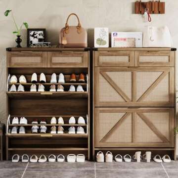 Shoe Storage Cabinet with 2 Flip Drawers & 2 Drawers,Shoe Cabinet Storage with Legs for Entryway,Freestanding Shoes Organizer Cabinet,Farmhouse Slim Shoe Cabinet,Rustic Oak Rattan
