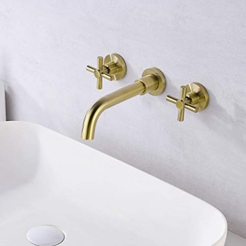 Brushed Brass Bathroom Faucet with Two Handles and Valve