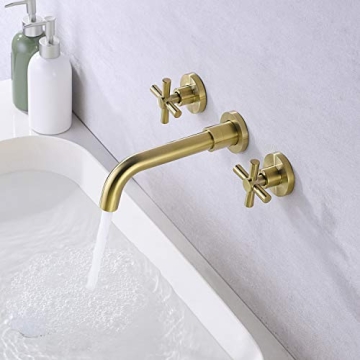 Brushed Brass Bathroom Faucet with Two Handles and Valve