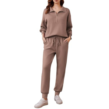 PINSPARK Travel Outfits for Women 2 Piece 2024 Fall Long Sleeve Lounge Sets Jogger Sets Half Zip Swe...