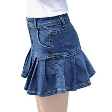 Yeokou Women's Casual Slim A-line Pleated Ruffle Short Mini Denim Skirts (X-Large, Blue)