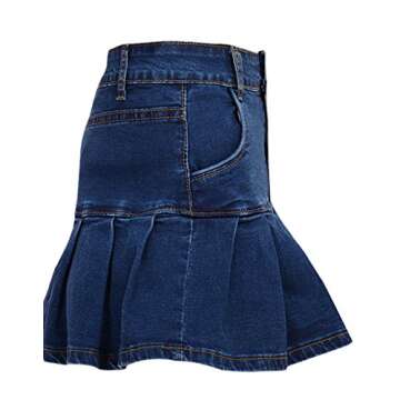 Yeokou Women's Casual Slim A-line Pleated Ruffle Short Mini Denim Skirts (X-Large, Blue)
