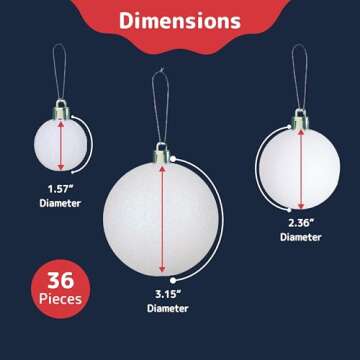 Prextex White Christmas Ornaments Balls - 36 pcs White Christmas Ornaments Decorations - Shatterproof Xmas Tree Ornaments with Hanging Loops for Holiday, Wreath, Party Decor (6 Styles, 3 Sizes)