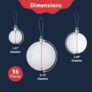 Prextex White Christmas Ornaments Balls - 36 pcs White Christmas Ornaments Decorations - Shatterproof Xmas Tree Ornaments with Hanging Loops for Holiday, Wreath, Party Decor (6 Styles, 3 Sizes)