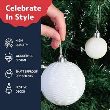 Prextex White Christmas Ornaments Balls - 36 pcs White Christmas Ornaments Decorations - Shatterproof Xmas Tree Ornaments with Hanging Loops for Holiday, Wreath, Party Decor (6 Styles, 3 Sizes)
