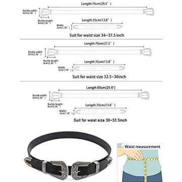 Western Belts for Women, Vintage Design Leather Belt with Western-style Buckle, Black Waist Belt for Pants Jeans Dresses (Black-Double buckle, 27Inch(Suit waist 32.5"~36"))