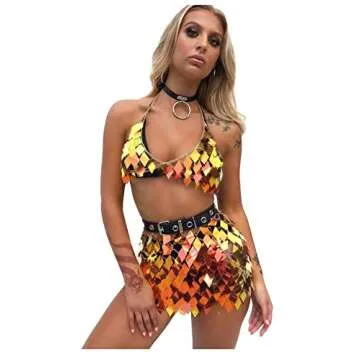 Salliy Boho Body Chain Bra Gold Sexy Rhinestone Bikini Bra Body Halter Backless Sequins Chain Bra Beach Body Accessories Jewelry for Women and Girls (Gold Jacket)