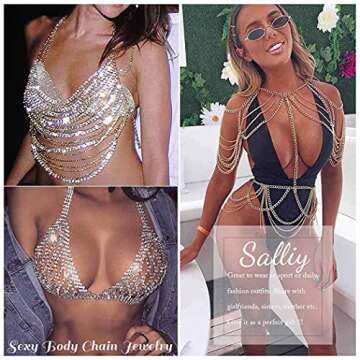 Salliy Boho Body Chain Bra Gold Sexy Rhinestone Bikini Bra Body Halter Backless Sequins Chain Bra Beach Body Accessories Jewelry for Women and Girls (Gold Jacket)