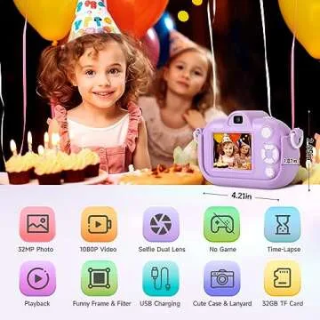Kids Camera Toddler Toys for Girls Boys, YEEHAO 32MP Dual Lens Digital Camera for 3 4 5 6 7 8 9 Year Old Girl Christmas Birthday Gifts, 1080P Selfie Video Camera for Kids with 32GB SD Card