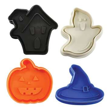 R&M Halloween Pastry & Cookie Cutter set of 4. Assorted Designs and Colors, Haunted House, Witch Hat, Pumpkin, Ghost. 2 Inch Assorted Color Cookie Cutters
