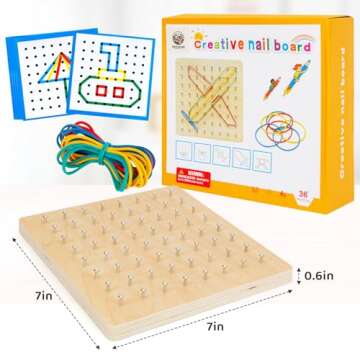 2Pack Wooden Geoboard,Montessori Toy,Graphical Mathematical Education Toy for Kids with Pattern Cards and Rubber Bands to Figures and Shapes, Brain Teaser STEM Toy Geo Board.