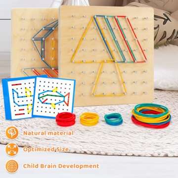 2Pack Wooden Geoboard,Montessori Toy,Graphical Mathematical Education Toy for Kids with Pattern Cards and Rubber Bands to Figures and Shapes, Brain Teaser STEM Toy Geo Board.