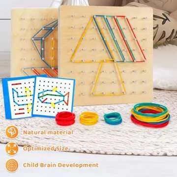 2Pack Wooden Geoboard,Montessori Toy,Graphical Mathematical Education Toy for Kids with Pattern Cards and Rubber Bands to Figures and Shapes, Brain Teaser STEM Toy Geo Board.