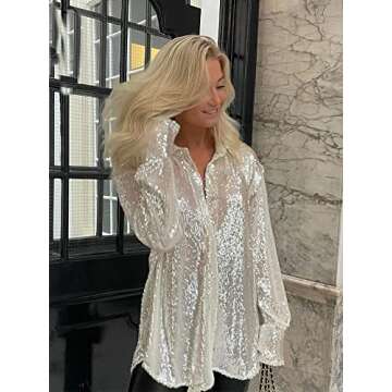 Women V Neck Sequin Blouse Long Sleeve Loose Glitter Tops Sparkle Shimmer Shirt Party Clubwear(Button Silver,M)