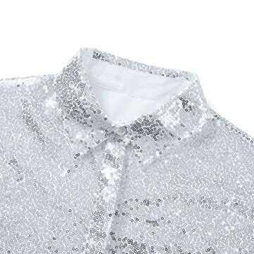 Women V Neck Sequin Blouse Long Sleeve Loose Glitter Tops Sparkle Shimmer Shirt Party Clubwear(Button Silver,M)