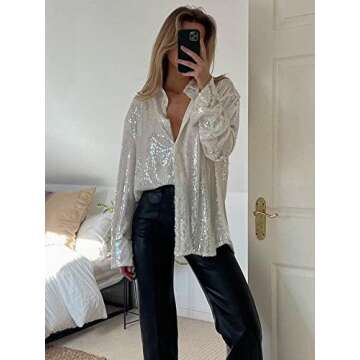 Women V Neck Sequin Blouse Long Sleeve Loose Glitter Tops Sparkle Shimmer Shirt Party Clubwear(Button Silver,M)