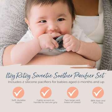 Itzy Ritzy Silicone Pacifiers for Newborn - Sweetie Soother Pacifiers Feature Collapsible Handle & Two Air Holes for Added Safety; for Ages Newborn and Up, Set of 2 in Dark Gray & Yellow
