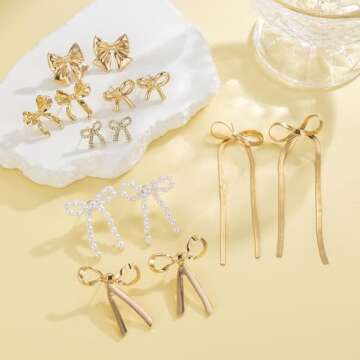 GIFIKOI Gold Bow Earrings for Women Classic Ribbon Bow Stud Earring Set